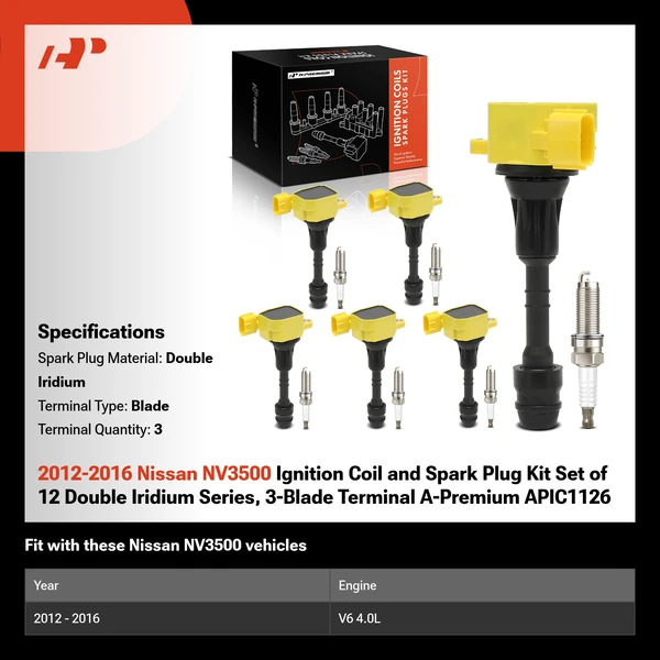 2012-2016 Nissan NV3500 Ignition Coil and Spark Plug Kit Set of 12 Double Iridium Series, 3-Blade Terminal A-Premium APIC1126