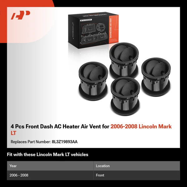 4 Pcs Front Dash AC Heater Air Vent for 2006-2008 Lincoln Mark LT
