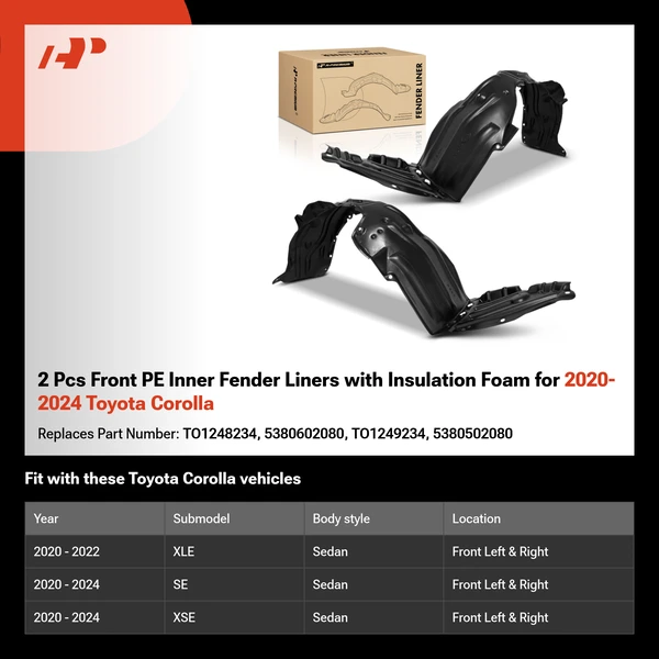 2 Pcs Front PE Inner Fender Liners with Insulation Foam for 2020-2024 Toyota Corolla