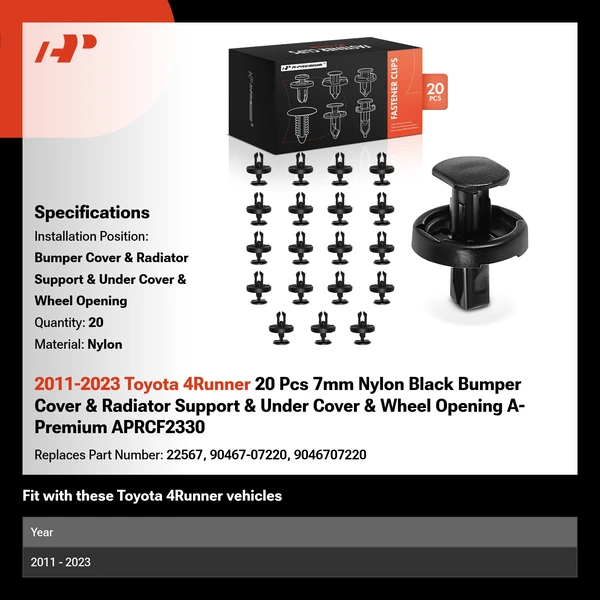 2011-2023 Toyota 4Runner 20 Pcs 7mm Nylon Black Bumper Cover & Radiator Support & Under Cover & Wheel Opening A-Premium APRCF2330