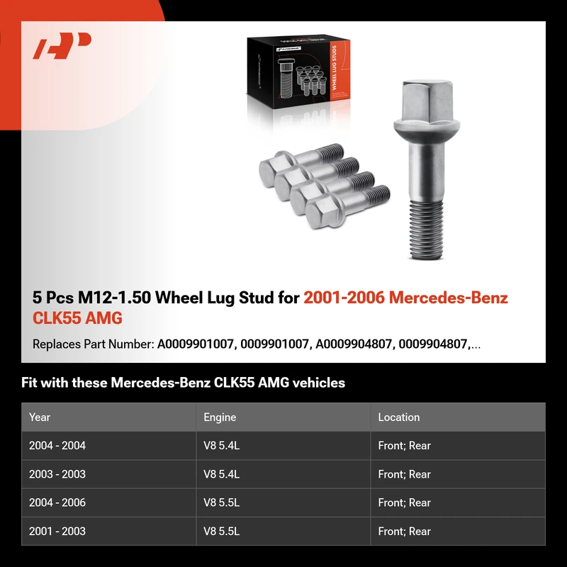 5 Pcs M12-1.50 Wheel Lug Stud for 2001-2006 Mercedes-Benz CLK55 AMG