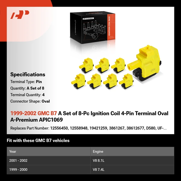 1999-2002 GMC B7 A Set of 8-Pc Ignition Coil 4-Pin Terminal Oval A-Premium APIC1069