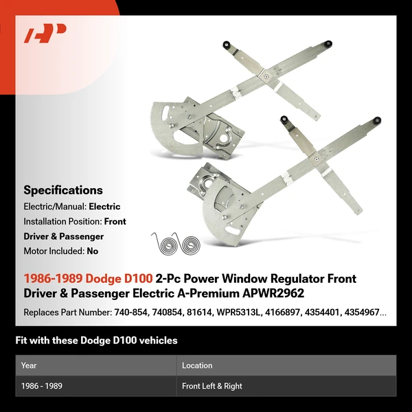 1986-1989 Dodge D100 2-Pc Power Window Regulator Front Driver & Passenger Electric A-Premium APWR2962