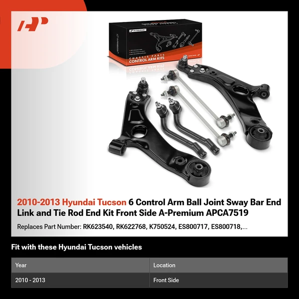 2010-2013 Hyundai Tucson 6 Control Arm Ball Joint Sway Bar End Link and Tie Rod End Kit Front Side A-Premium APCA7519