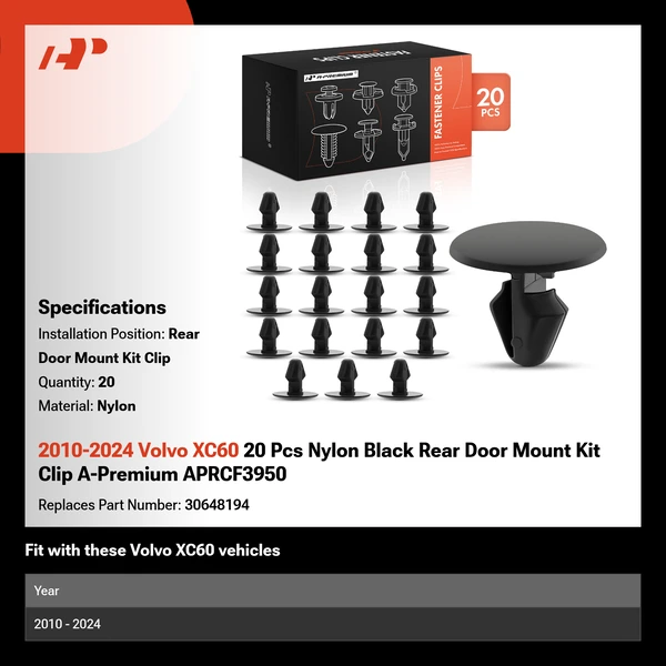 2010-2024 Volvo XC60 20 Pcs Nylon Black Rear Door Mount Kit Clip A-Premium APRCF3950
