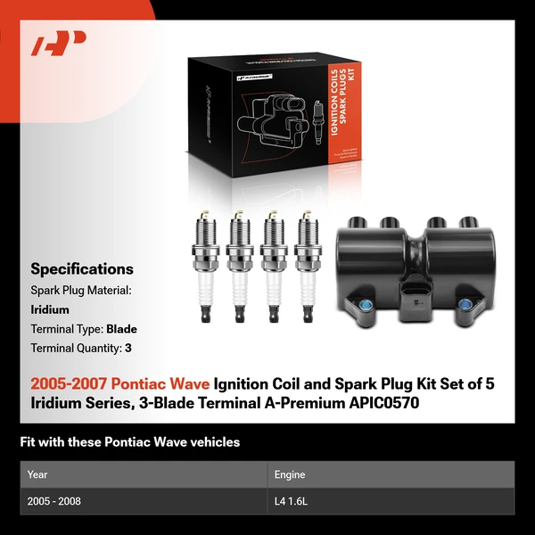 2005-2007 Pontiac Wave Ignition Coil and Spark Plug Kit Set of 5 Iridium Series, 3-Blade Terminal A-Premium APIC0570