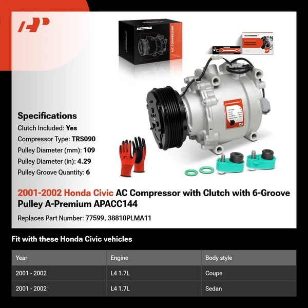 2001-2002 Honda Civic AC Compressor with Clutch with 6-Groove Pulley A-Premium APACC144