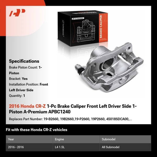 2016 Honda CR-Z 1-Pc Brake Caliper Front Left Driver Side 1-Piston A-Premium APBC1240