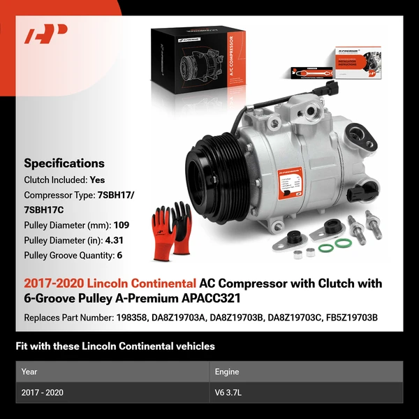 2017-2020 Lincoln Continental AC Compressor with Clutch with 6-Groove Pulley A-Premium APACC321