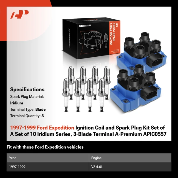 1997-1999 Ford Expedition Ignition Coil and Spark Plug Kit Set of A Set of 10 Iridium Series, 3-Blade Terminal A-Premium APIC0557