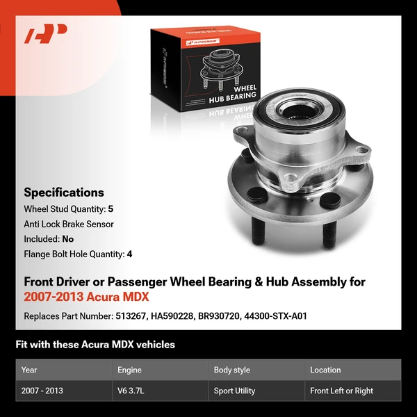 Front Driver or Passenger Wheel Bearing & Hub Assembly for 2007-2013 Acura MDX