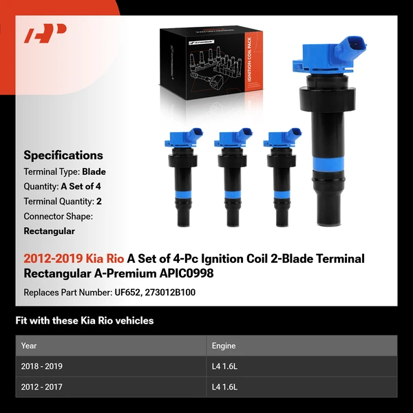 2012-2019 Kia Rio A Set of 4-Pc Ignition Coil 2-Blade Terminal Rectangular A-Premium APIC0998