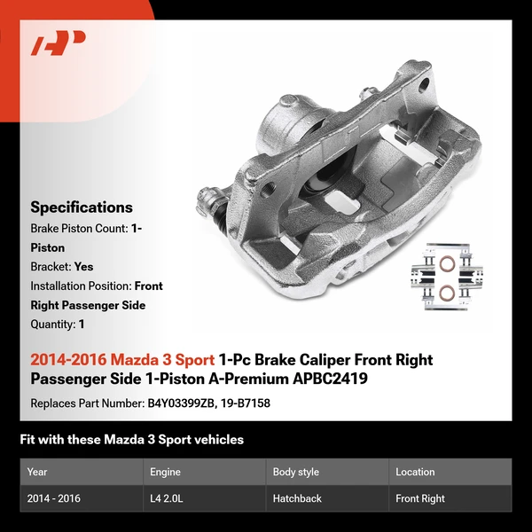 2014-2016 Mazda 3 Sport 1-Pc Brake Caliper Front Right Passenger Side 1-Piston A-Premium APBC2419