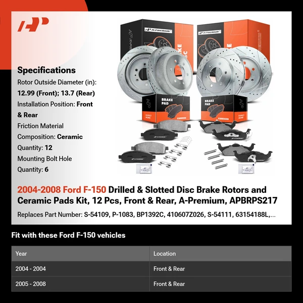 2004-2008 Ford F-150 Drilled & Slotted Disc Brake Rotors and Ceramic Pads Kit, 12 Pcs, Front & Rear, A-Premium, APBRPS217