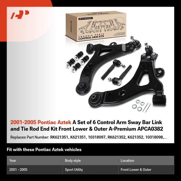 2001-2005 Pontiac Aztek A Set of 6 Control Arm Sway Bar Link and Tie Rod End Kit Front Lower & Outer A-Premium APCA0382
