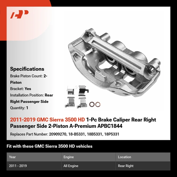 2011-2019 GMC Sierra 3500 HD 1-Pc Brake Caliper Rear Right Passenger Side 2-Piston A-Premium APBC1844