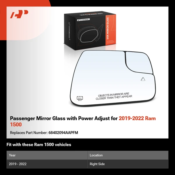Passenger Mirror Glass with Power Adjust for 2019-2022 Ram 1500