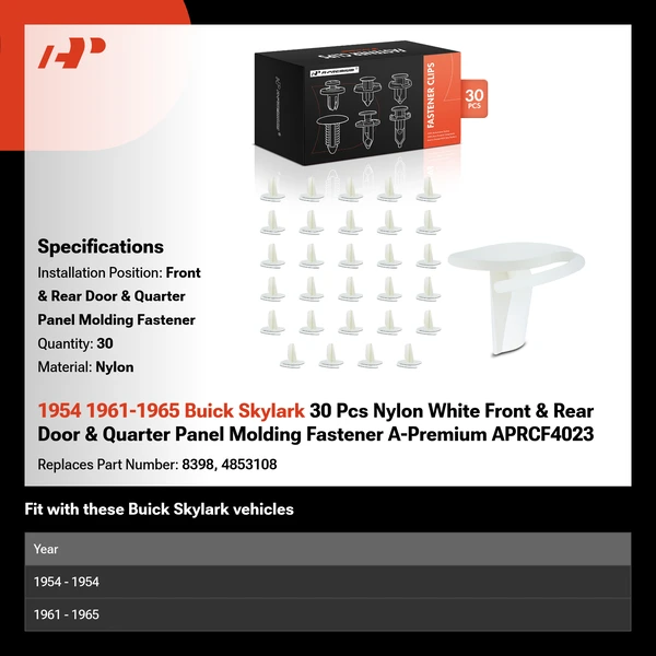 1954 1961-1965 Buick Skylark 30 Pcs Nylon White Front & Rear Door & Quarter Panel Molding Fastener A-Premium APRCF4023