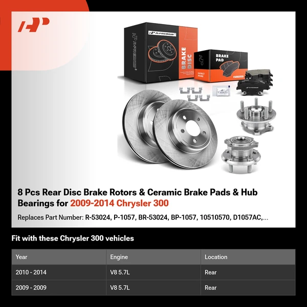 8 Pcs Rear Disc Brake Rotors & Ceramic Brake Pads & Hub Bearings for 2009-2014 Chrysler 300