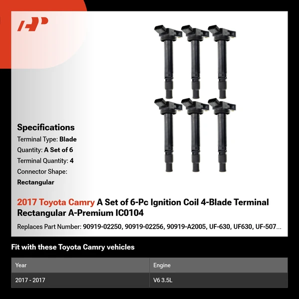 2017 Toyota Camry A Set of 6-Pc Ignition Coil 4-Blade Terminal Rectangular A-Premium IC0104