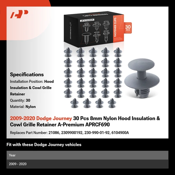 2009-2020 Dodge Journey 30 Pcs 8mm Nylon Hood Insulation & Cowl Grille Retainer A-Premium APRCF690