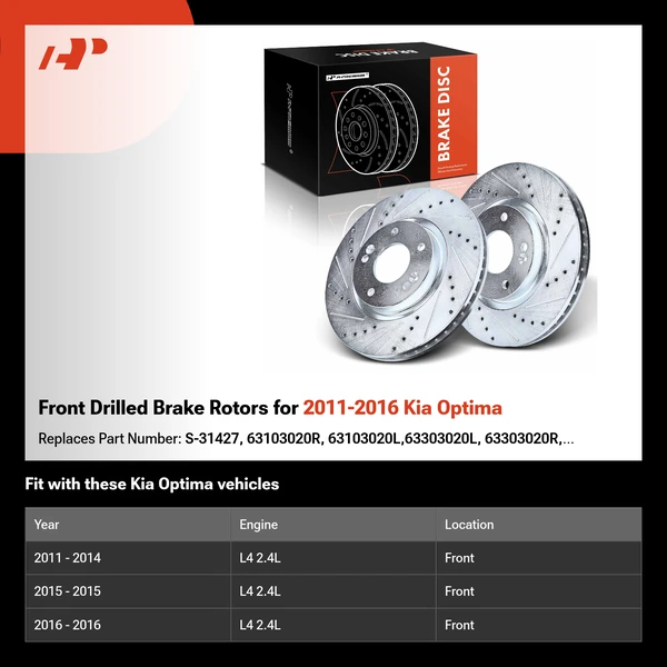 Front Drilled Brake Rotors for 2011-2016 Kia Optima