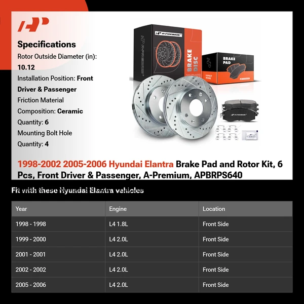 1998-2002 2005-2006 Hyundai Elantra Brake Pad and Rotor Kit, 6 Pcs, Front Driver & Passenger, A-Premium, APBRPS640