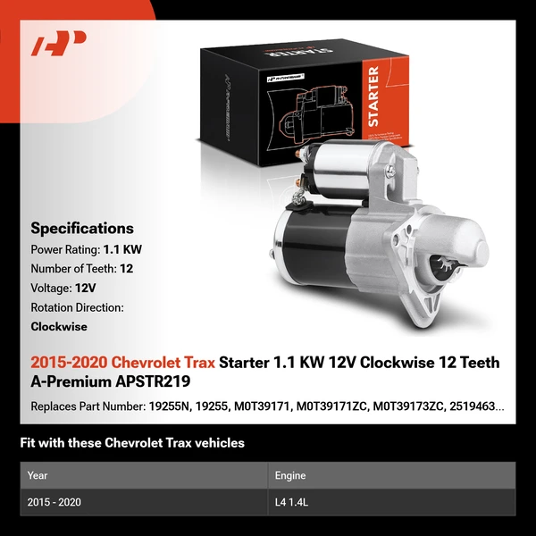 2015-2020 Chevrolet Trax Starter 1.1 KW 12V Clockwise 12 Teeth A-Premium APSTR219