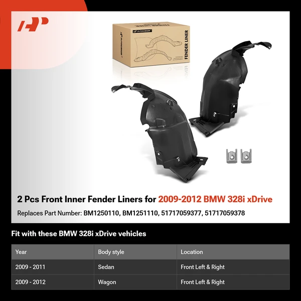2 Pcs Front Inner Fender Liners for 2009-2012 BMW 328i xDrive