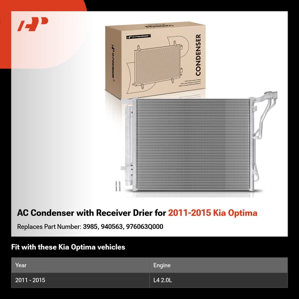 AC Condenser with Receiver Drier for 2011-2015 Kia Optima