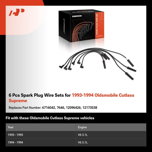 6 Pcs Spark Plug Wire Sets for 1993-1994 Oldsmobile Cutlass Supreme