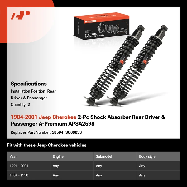 1984-2001 Jeep Cherokee 2-Pc Shock Absorber Rear Driver & Passenger A-Premium APSA2598