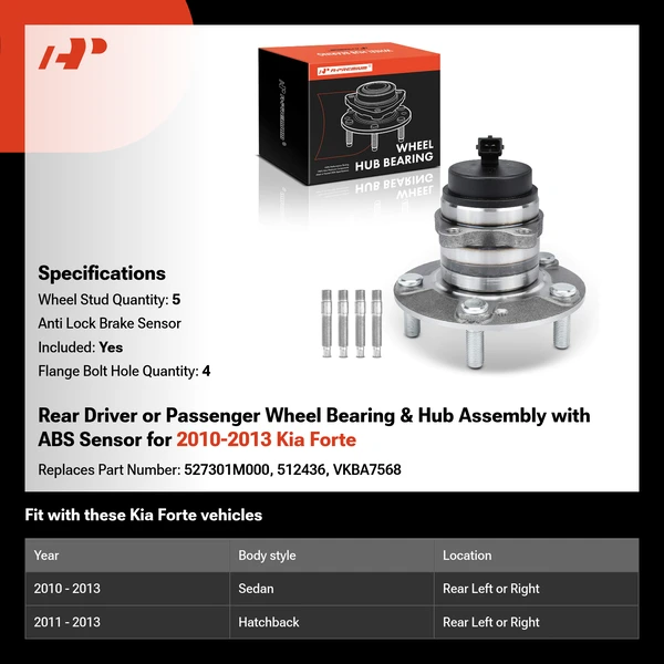 Rear Driver or Passenger Wheel Bearing & Hub Assembly with ABS Sensor for 2010-2013 Kia Forte
