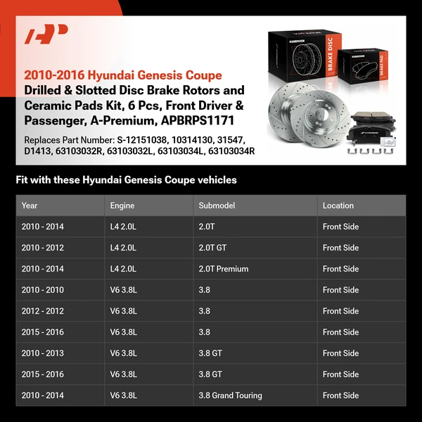 2010-2016 Hyundai Genesis Coupe Drilled & Slotted Disc Brake Rotors and Ceramic Pads Kit, 6 Pcs, Front Driver & Passenger, A-Premium, APBRPS1171