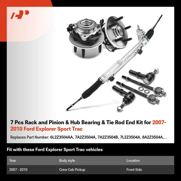 7 Pcs Rack and Pinion & Hub Bearing & Tie Rod End Kit for 2007-2010 Ford Explorer Sport Trac