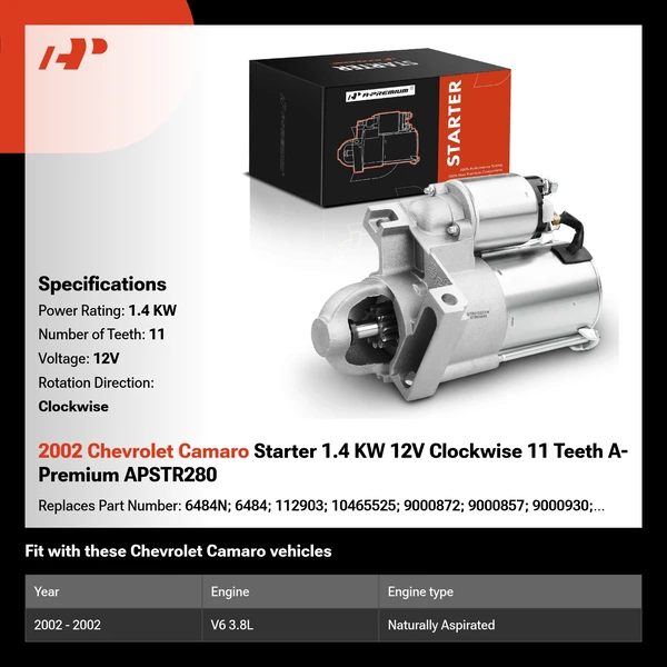 2002 Chevrolet Camaro Starter 1.4 KW 12V Clockwise 11 Teeth A-Premium APSTR280
