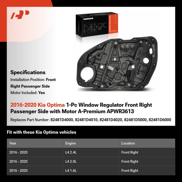 2016-2020 Kia Optima 1-Pc Window Regulator Front Right Passenger Side with Motor A-Premium APWR3613