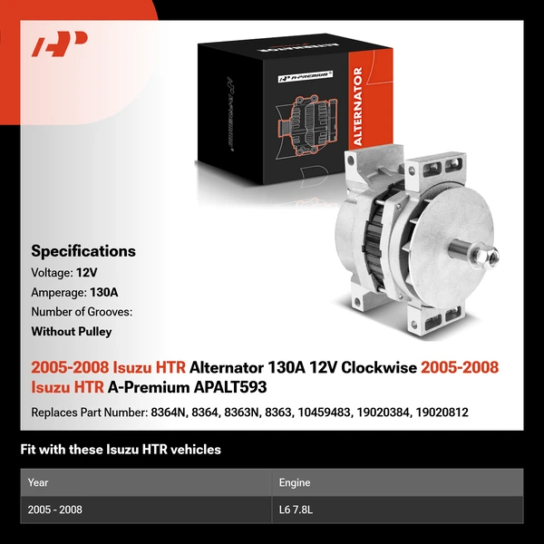 2005-2008 Isuzu HTR Alternator 130A 12V Clockwise 2005-2008 Isuzu HTR A-Premium APALT593