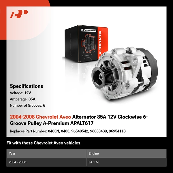 2004-2008 Chevrolet Aveo Alternator 85A 12V Clockwise 6-Groove Pulley A-Premium APALT617