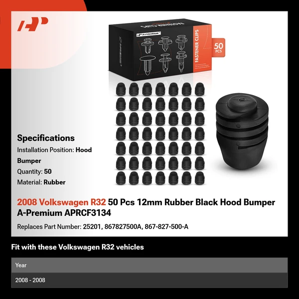 2008 Volkswagen R32 50 Pcs 12mm Rubber Black Hood Bumper A-Premium APRCF3134