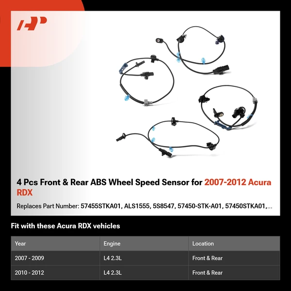 4 Pcs Front & Rear ABS Wheel Speed Sensor for 2007-2012 Acura RDX