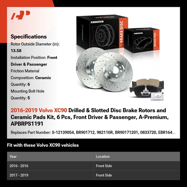 2016-2019 Volvo XC90 Drilled & Slotted Disc Brake Rotors and Ceramic Pads Kit, 6 Pcs, Front Driver & Passenger, A-Premium, APBRPS1191