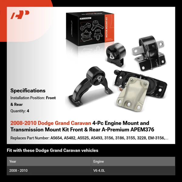 2008-2010 Dodge Grand Caravan 4-Pc Engine Mount and Transmission Mount Kit Front & Rear A-Premium APEM376