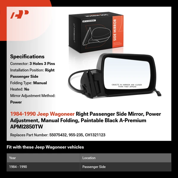 1984-1990 Jeep Wagoneer Right Passenger Side Mirror, Power Adjustment, Manual Folding, Paintable Black A-Premium APMI2850TW