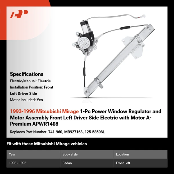 1993-1996 Mitsubishi Mirage 1-Pc Power Window Regulator and Motor Assembly Front Left Driver Side Electric with Motor A-Premium APWR1408