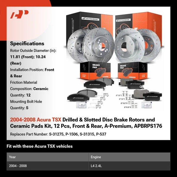 2004-2008 Acura TSX Drilled & Slotted Disc Brake Rotors and Ceramic Pads Kit, 12 Pcs, Front & Rear, A-Premium, APBRPS176