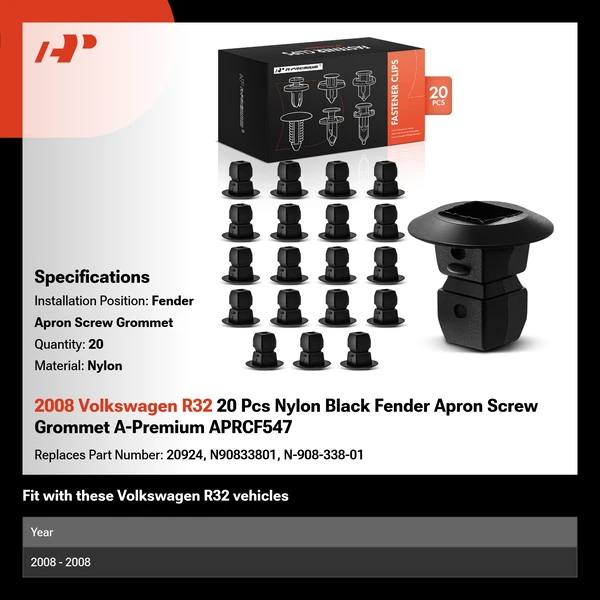 2008 Volkswagen R32 20 Pcs Nylon Black Fender Apron Screw Grommet A-Premium APRCF547