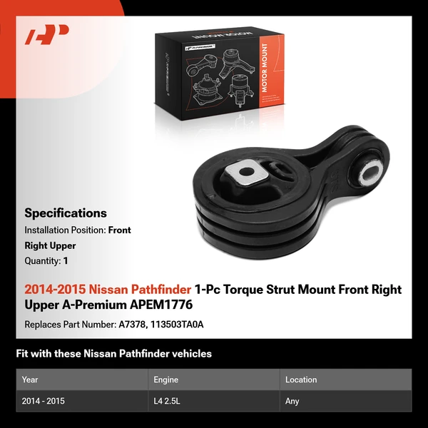 2014-2015 Nissan Pathfinder 1-Pc Torque Strut Mount Front Right Upper A-Premium APEM1776