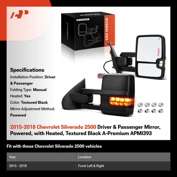 2015-2018 Chevrolet Silverado 2500 Driver & Passenger Mirror, Powered, with Heated, Textured Black A-Premium APMI393