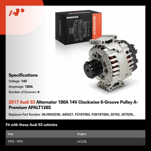 2017 Audi S3 Alternator 180A 14V Clockwise 6-Groove Pulley A-Premium APALT1285
